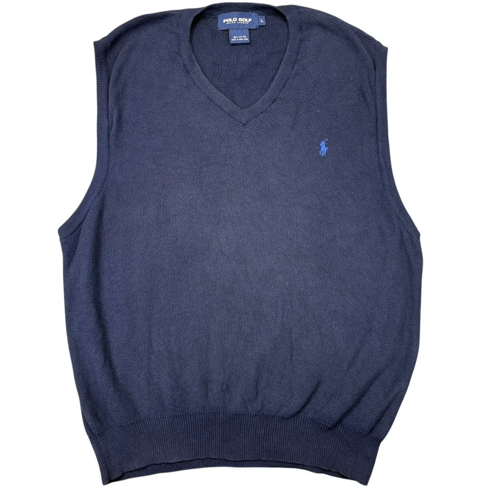 Ralph Lauren Polo Golf Sweater Vest Mens L Navy Blue Cotton V-Neck Knit Pony